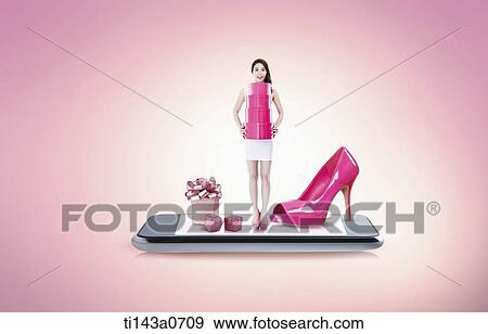 a woman with boxes standing on a smart phone View Large Photo Image Stock Photo - a woman with boxes standing on a smart phone. Fotosearch