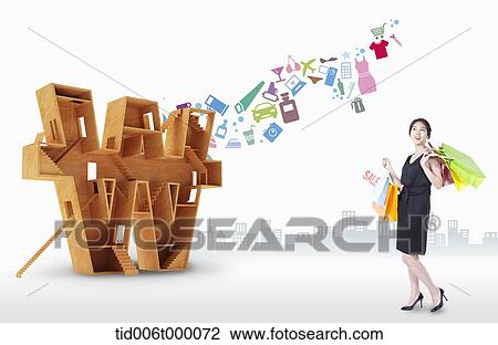 a woman with shopping bags next to a big sign of Korean currency View Large Photo Image Stock Image - a woman with shopping bags next to a big sign of Korean currency. Fotosearch