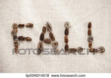 Stock Photo - a word saying fall formed with autumn leaves and nuts . Fotosearch