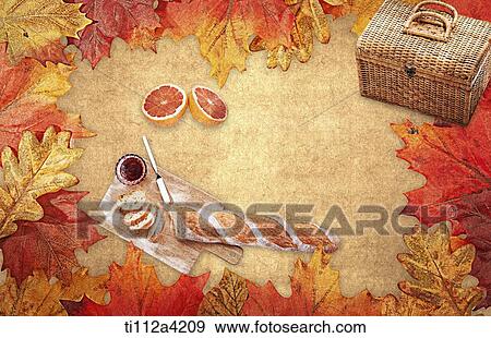 an illustration of a picnic set and autumn color leaves View Large Photo Image Stock Photo - an illustration of a picnic set and autumn color leaves. Fotosearch