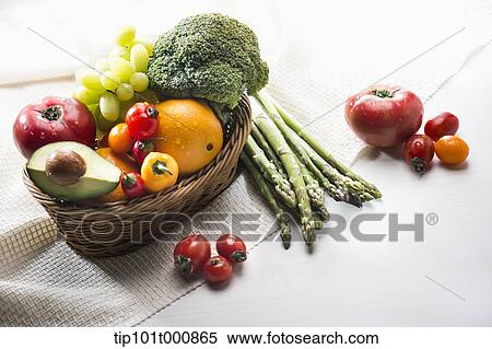 Stock Image Of Asparagus Next To A Basket Fruits And Vegetables Asparagus Next To A Basket Of Fruits And Vegetables