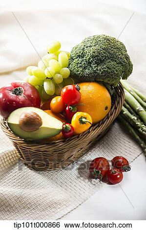 Stock Photograph - asparagus next to a basket of fruits and vegetables . Fotosearch