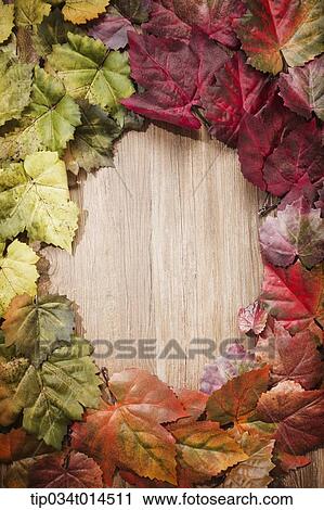 Stock Image - autumn leaves forming a frame in wood background. Fotosearch