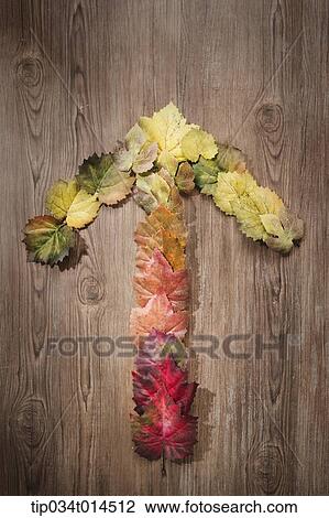 Stock Image - autumn leaves forming an arrow in wood background. Fotosearch