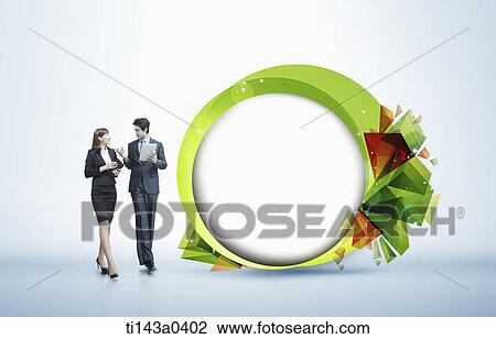 Stock Image - business people next to an illustrated circle. Fotosearch