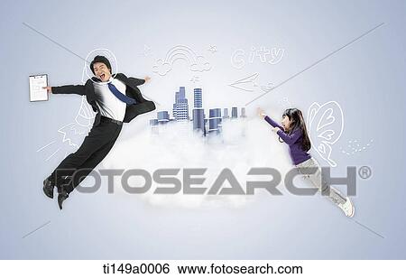 Stock Photograph - businessman and kid jumping in the air. Fotosearch