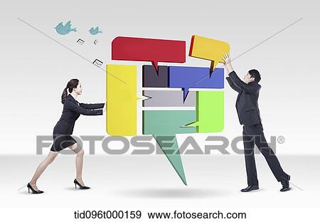 Stock Photo - businessman and woman with a speech bubble in the middle. Fotosearch