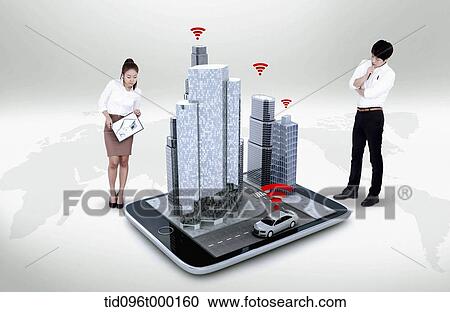 businessman and woman with buildings on a tablet PC View Large Photo Image Stock Image - businessman and woman with buildings on a tablet PC. Fotosearch