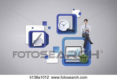 businessman sitting with business related icons View Large Photo Image Stock Image - businessman sitting with business related icons. Fotosearch