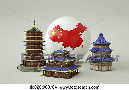 Picture - Chinese buildings and a ball with Chinese map. Fotosearch