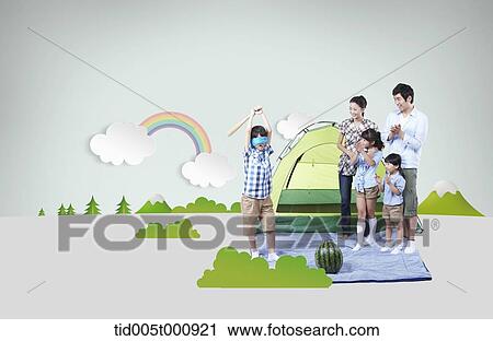 Stock Image - family on a picnic in illustrated background . Fotosearch