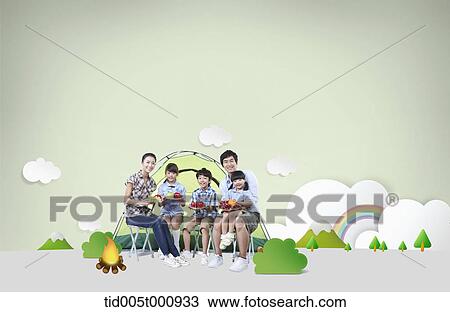 Stock Image - family picture on a camping in illustrated background . Fotosearch
