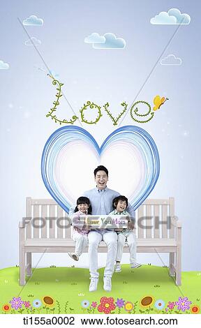 Stock Image - father with kids sitting on illustrated bench . Fotosearch