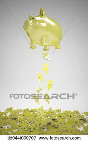 golden piggy bank in the air with falling Yuan signs View Large Photo Image Stock Photo - golden piggy bank in the air with falling Yuan signs. Fotosearch