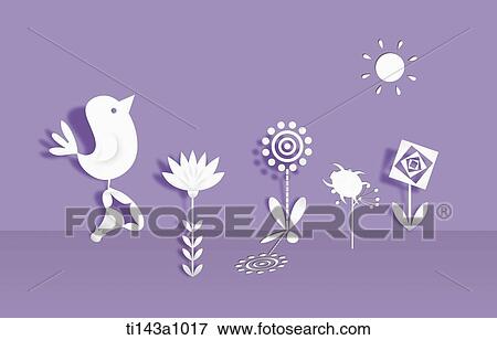 Stock Photo - illustrated flowers and a bird. Fotosearch