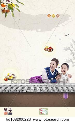 Stock Image - illustration memo template with mother and daughter in Chuseok. Fotosearch