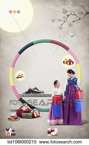 Stock Photography - illustration memo template with mother and daughter in Chuseok. Fotosearch