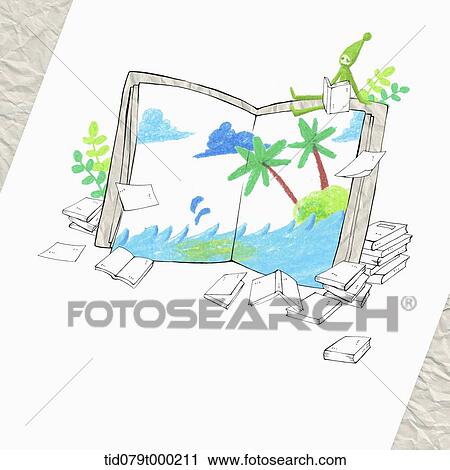 illustration of a character sitting on a book with summer beach View Large Photo Image Stock Image - illustration of a character sitting on a book with summer beach. Fotosearch