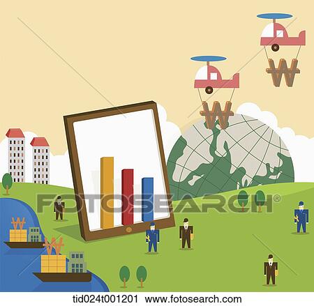 Stock Image - illustration of a city with businessmen and money . Fotosearch