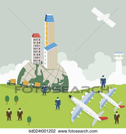 Stock Image - illustration of a city with businessmen and air planes. Fotosearch