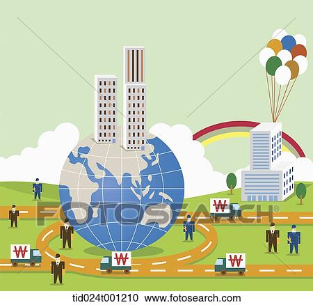 Stock Image - illustration of a city with businessmen and money . Fotosearch
