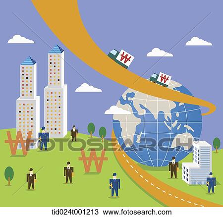Stock Image - illustration of a city with businessmen and money . Fotosearch