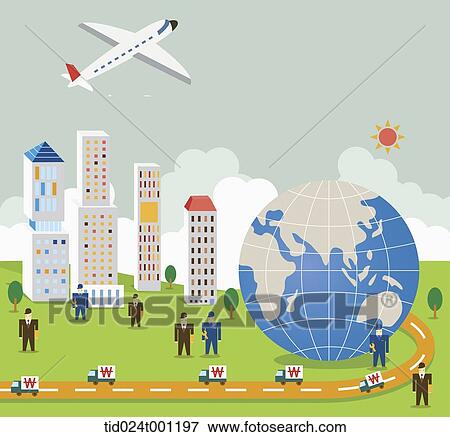 Stock Photo - illustration of a city with businessmen and money. Fotosearch