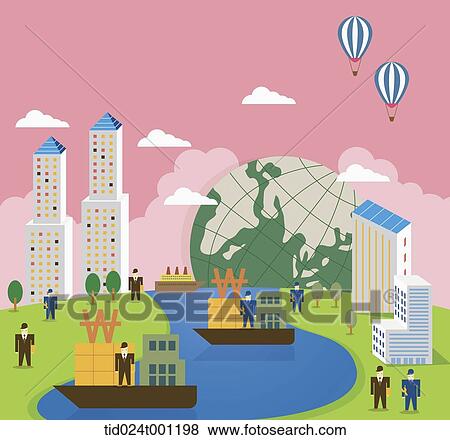 Stock Photo - illustration of a city with businessmen and money. Fotosearch