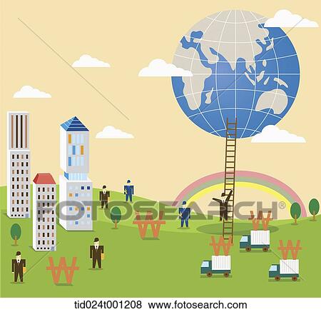 Stock Photo - illustration of a city with businessmen and money . Fotosearch
