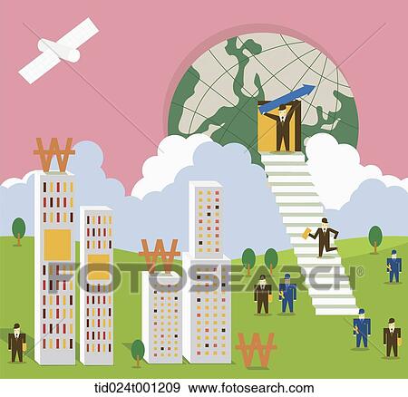Stock Photo - illustration of a city with businessmen and money . Fotosearch