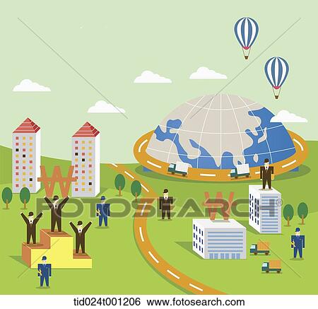 Stock Photograph - illustration of a city with businessmen and money . Fotosearch