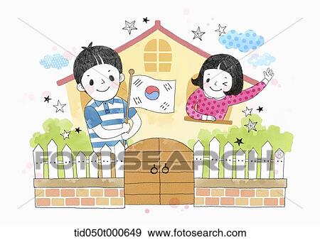 illustration of a couple in the house with Korean flag View Large Photo Image Stock Photo - illustration of a couple in the house with Korean flag. Fotosearch