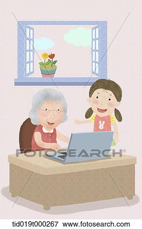 illustration of a grandmother learning computer View Large Photo Image Stock Photo - illustration of a grandmother learning computer. Fotosearch