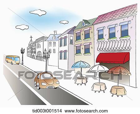 illustration of a street with nice cafes View Large Photo Image Picture - illustration of a street with nice cafes. Fotosearch
