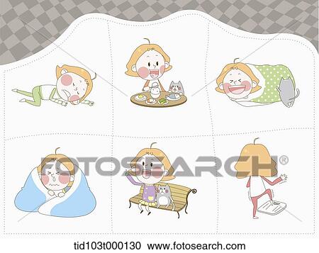 Stock Image - illustration of a woman character's life in 6 sections . Fotosearch