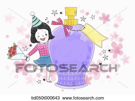 Stock Image - illustration of a woman next to a perfume . Fotosearch
