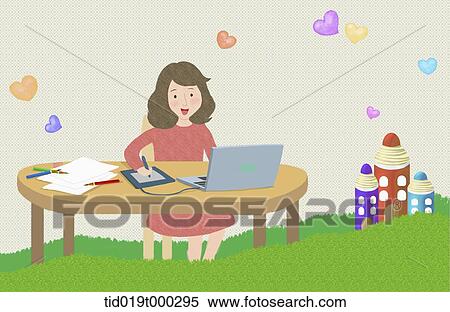Stock Photography - illustration of a woman working at desk. Fotosearch