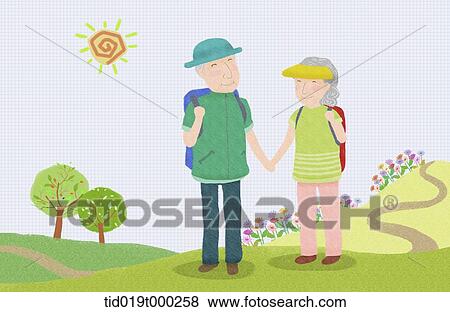 illustration of an old couple hiking together View Large Photo Image Stock Photo - illustration of an old couple hiking together. Fotosearch
