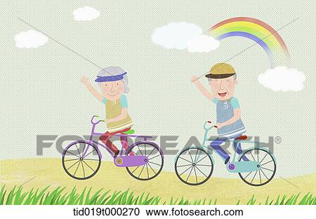 illustration of an old couple riding bikes View Large Photo Image Stock Image - illustration of an old couple riding bikes. Fotosearch