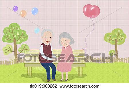Stock Image - illustration of an old couple sitting on a bench . Fotosearch