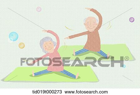 Stock Image - illustration of an old couple stretching together. Fotosearch