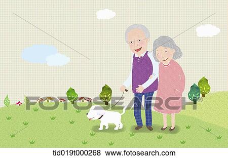 illustration of an old couple taking a dog for a walk View Large Photo Image Stock Photo - illustration of an old couple taking a dog for a walk. Fotosearch