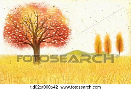illustration of autumn trees on field View Large Photo Image Stock Image - illustration of autumn trees on field. Fotosearch