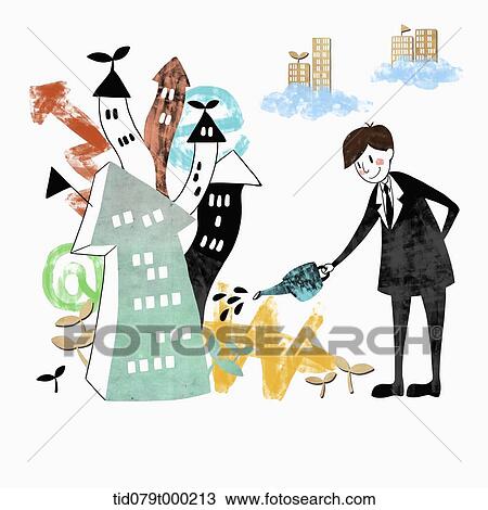 illustration of businessman watering buildings View Large Photo Image Stock Image - illustration of businessman watering buildings . Fotosearch