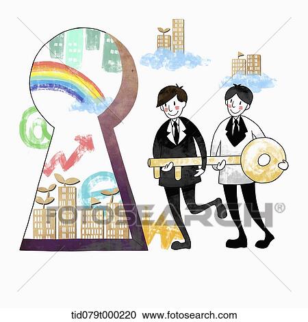 Stock Image - illustration of businessmen holding a key . Fotosearch