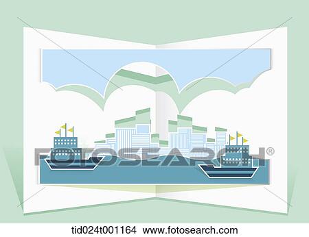 illustration of folded paper with pop up design of a harbor View Large Photo Image Picture - illustration of folded paper with pop up design of a harbor. Fotosearch