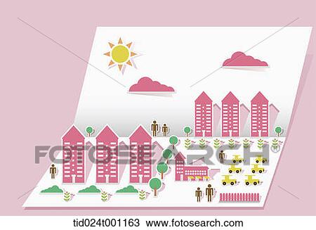 Stock Image - illustration of folded paper with pop up design of a city. Fotosearch