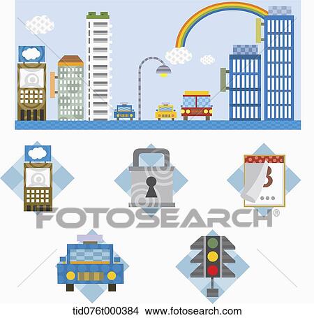 illustration of icons under a city View Large Photo Image Picture - illustration of icons under a city. Fotosearch