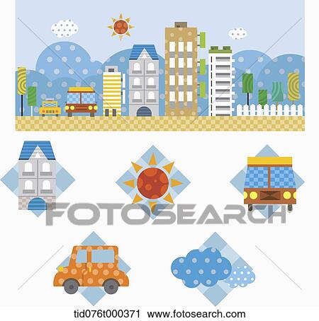illustration of icons under a city View Large Photo Image Stock Image - illustration of icons under a city. Fotosearch