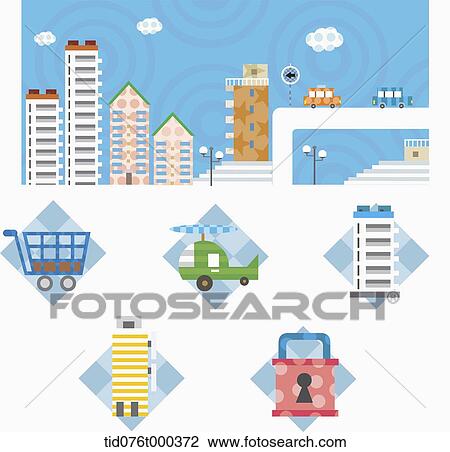 illustration of icons under a city View Large Photo Image Stock Image - illustration of icons under a city. Fotosearch
